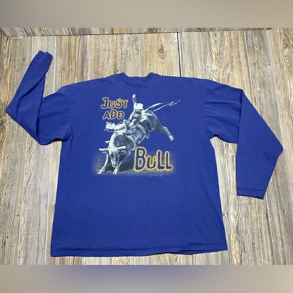 Vintage 1998 Wrangler Western Just Add Bull T-shirt 90s Long Sleeve Blue XXL USA